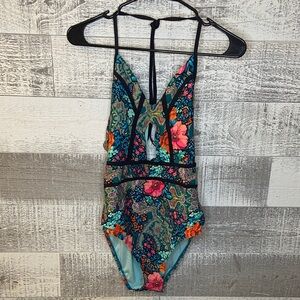 Laundry by Shelli Segal bikini one piece size medium floral with black keyhole
